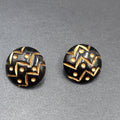 Vintage Pierced Earrings Wood Black Gold Painted Dome Button Stud  1.25"