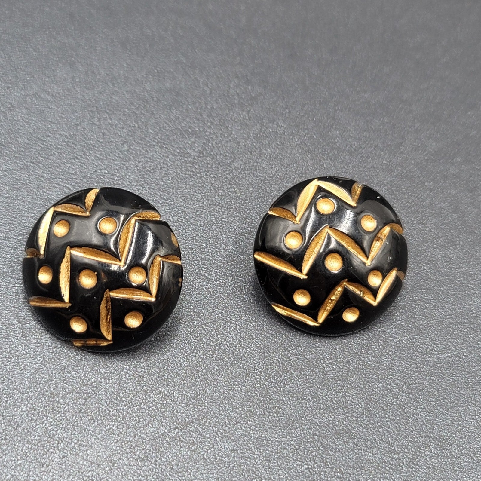 Vintage Pierced Earrings Wood Black Gold Painted Dome Button Stud  1.25"