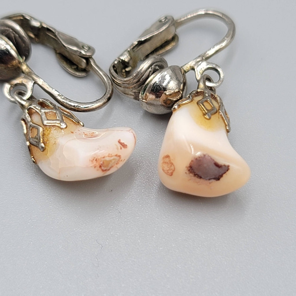 Vintage White Stone Nugget Dangle Clip on Earrings Silver tone 3/4"