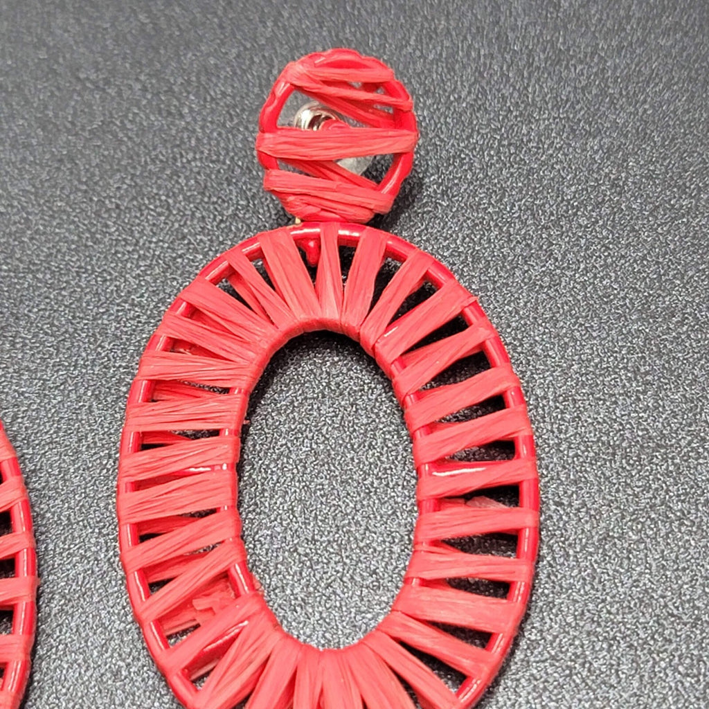 Pierced Earrings Red Rattan Dangle Hoops Statement 2.5"