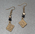 Pierced Earrings Bronze tone Heart Beaded Book Charm Dangle 1 5/8"