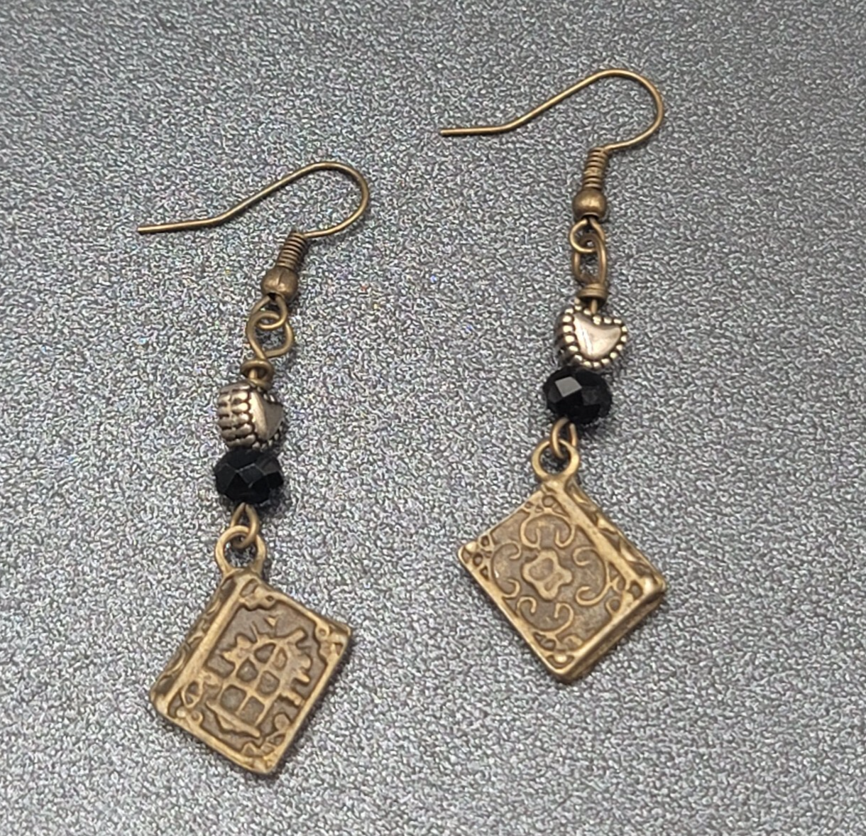 Pierced Earrings Bronze tone Heart Beaded Book Charm Dangle 1 5/8"