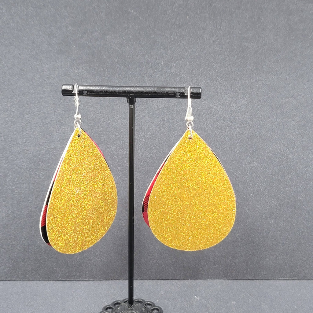 Pierced Earrings Faux Leather Gold Glitter Tree Red Plaid Silvertone Dangle 2.5"