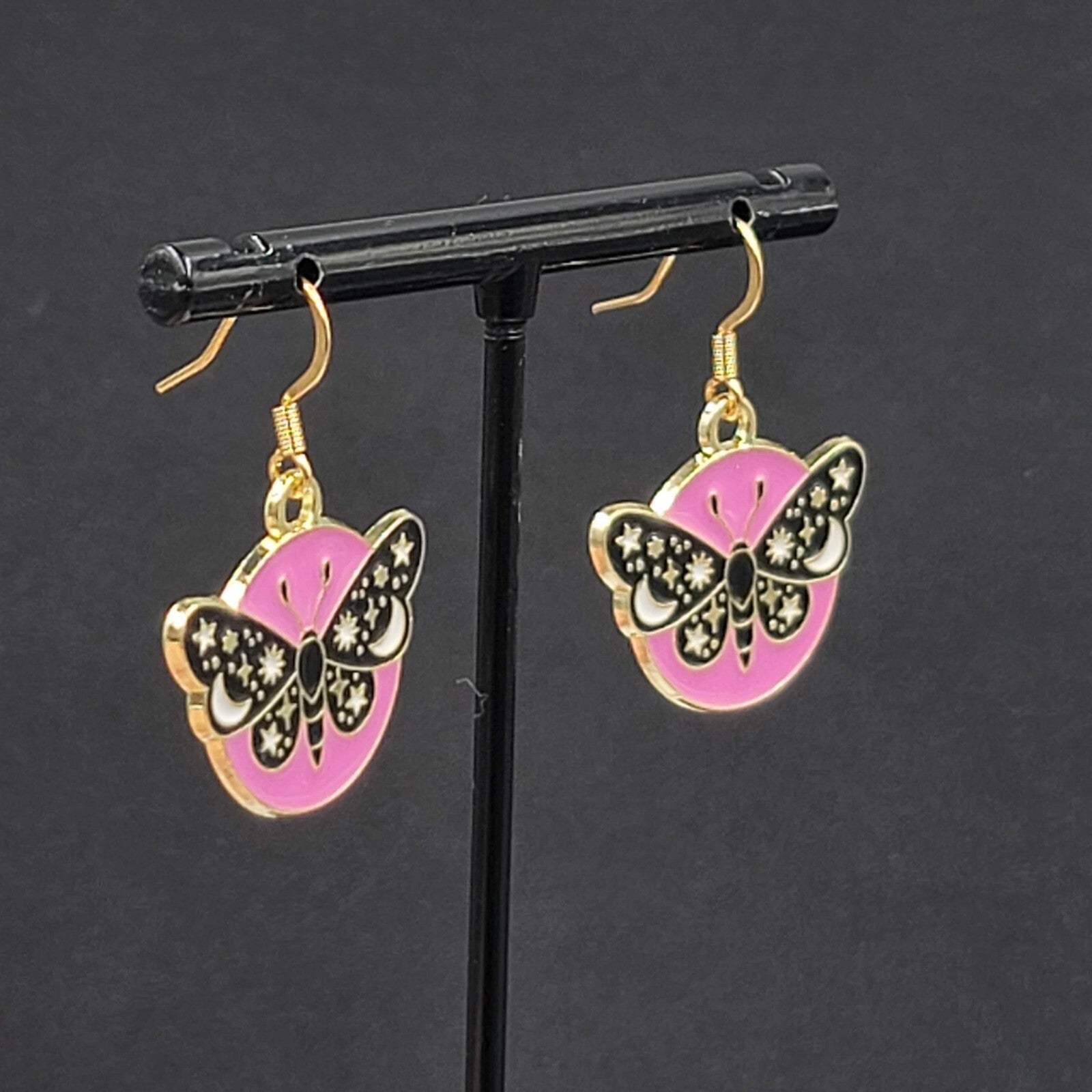 Black Moth Hot Pink Enamel Pierced Earrings Gold tone Dangle Butterfly 7/8"
