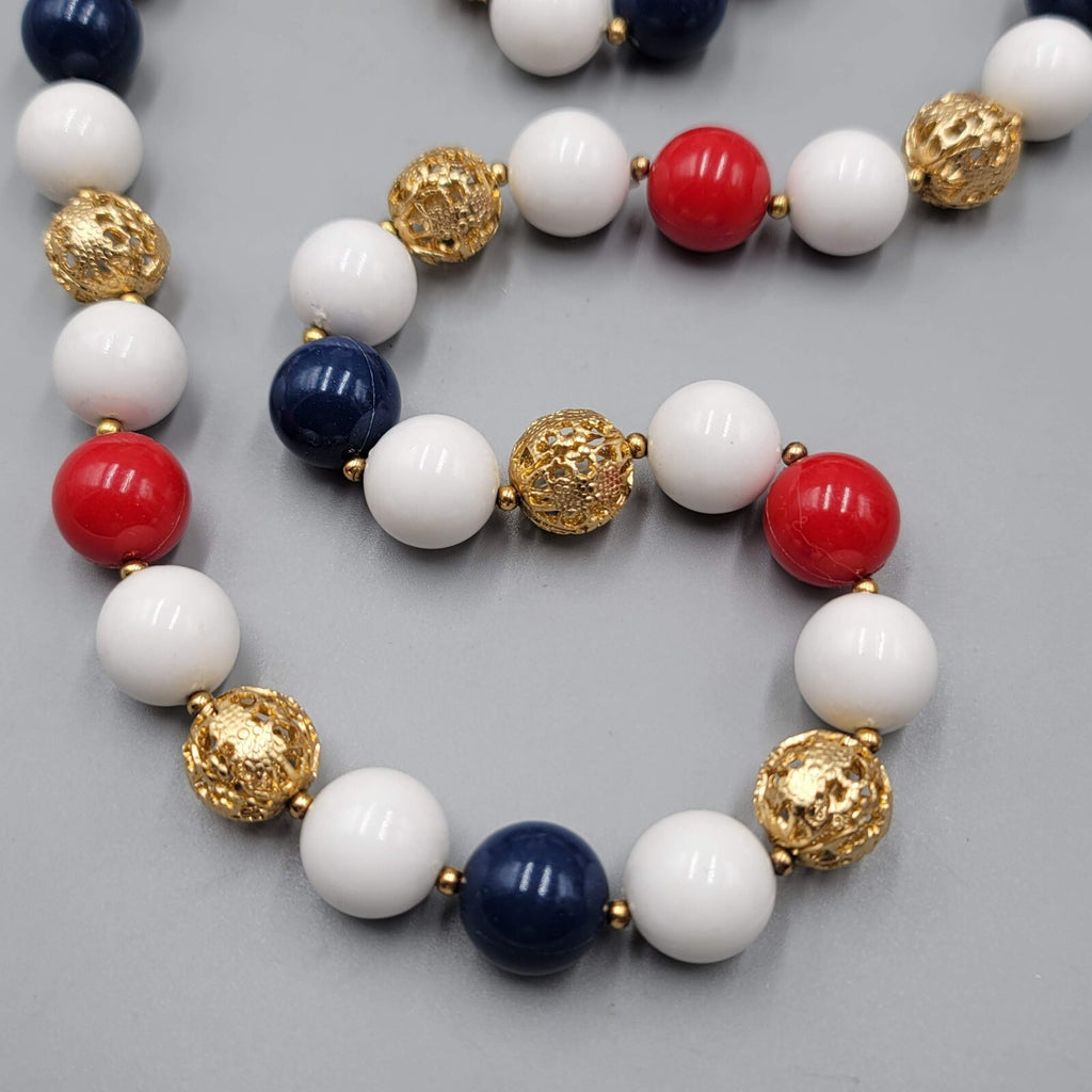 Vintage Necklace Red White Blue Gold tone Filigree Beads 30"
