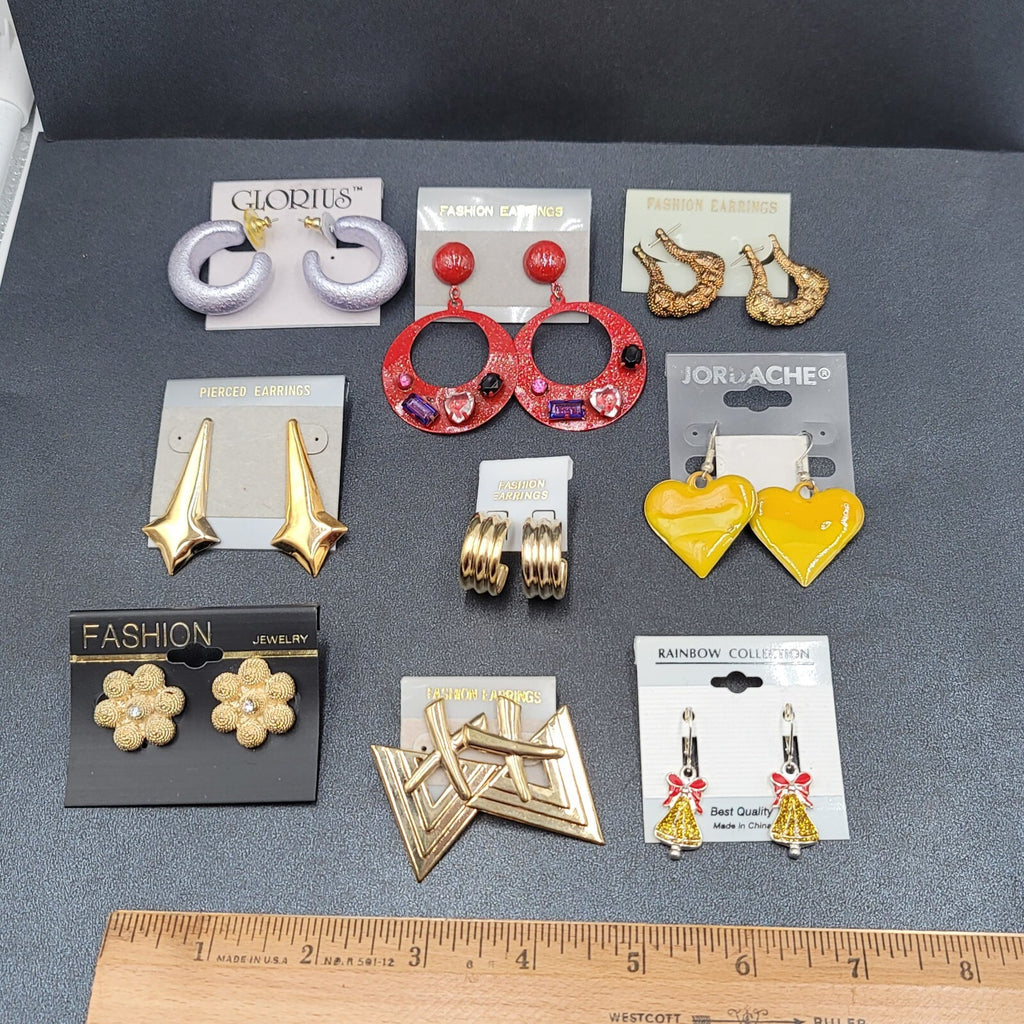 Vintage Lot of 9 NOS Pierced Earrings Enamel Heart Hoops Flower Gold tone