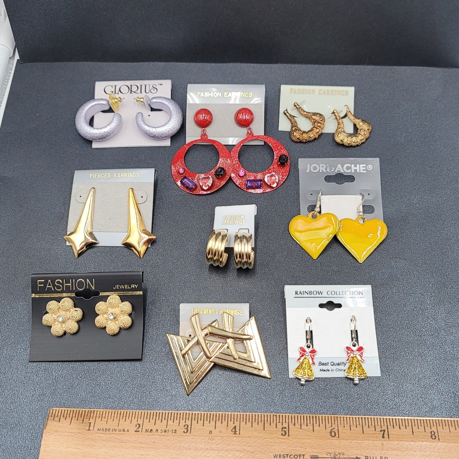 Vintage Lot of 9 NOS Pierced Earrings Enamel Heart Hoops Flower Gold tone