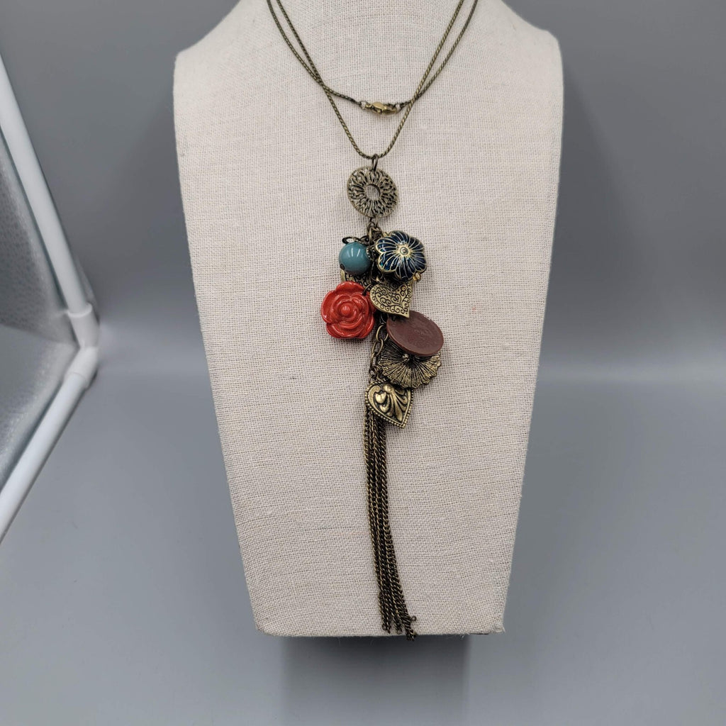 Tassel Pendant Long Necklace Bronze tone Chain 26"