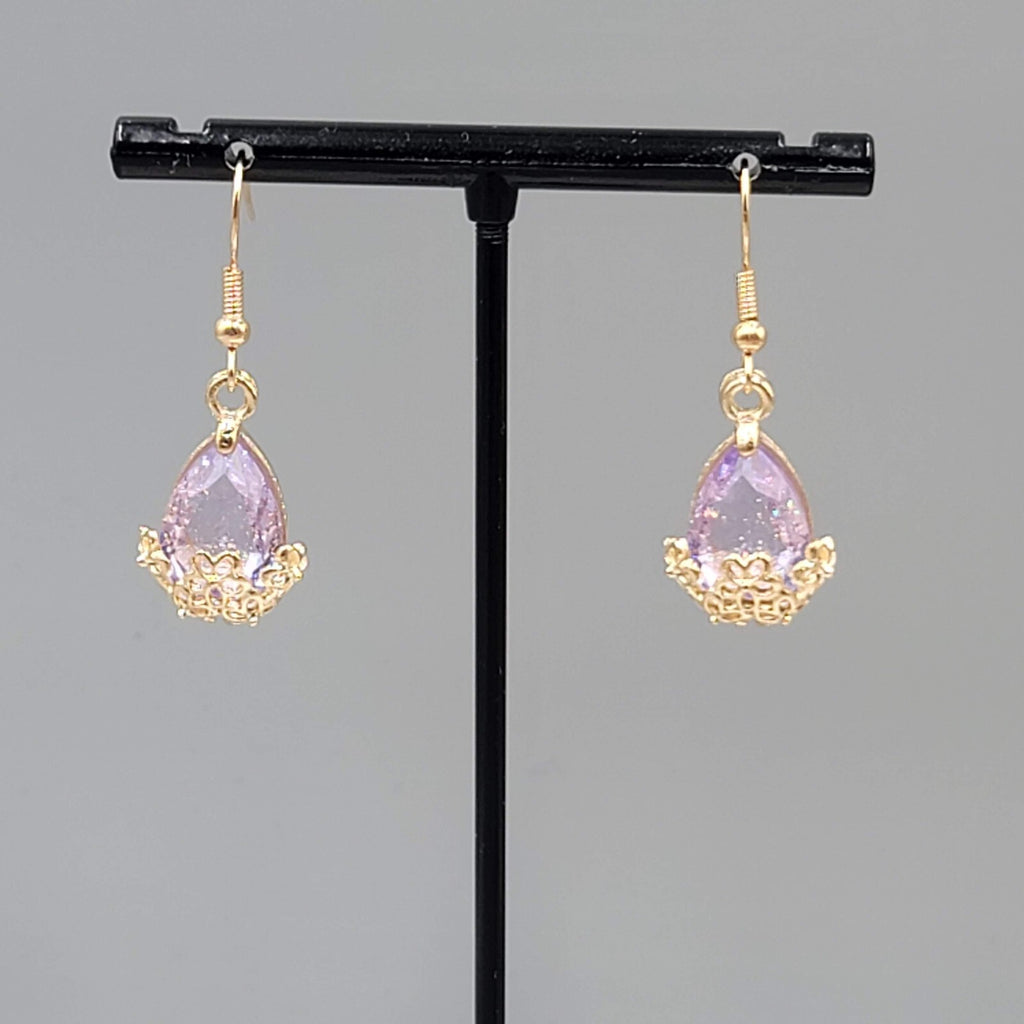 New Pierced Earrings Gold tone Glitter Purple Glass Teardrop Dangle 3/4"