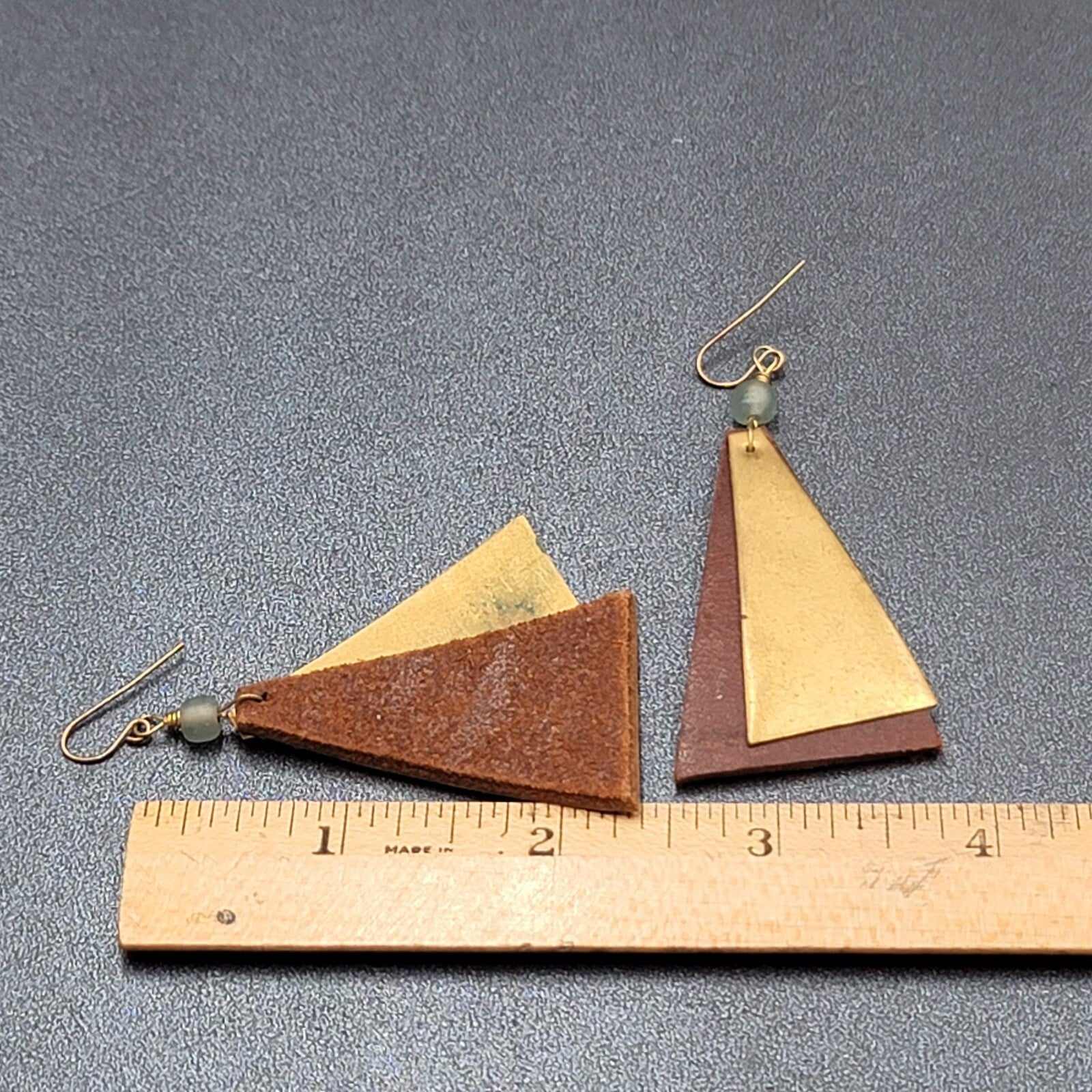 Vintage Artisan Pierced Earrings Leather And Brass Triangle Dangle  2.5"
