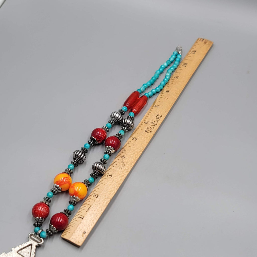 Statement Bead Necklace Red Yellow Blue Silver tone Unique Unusual 22"