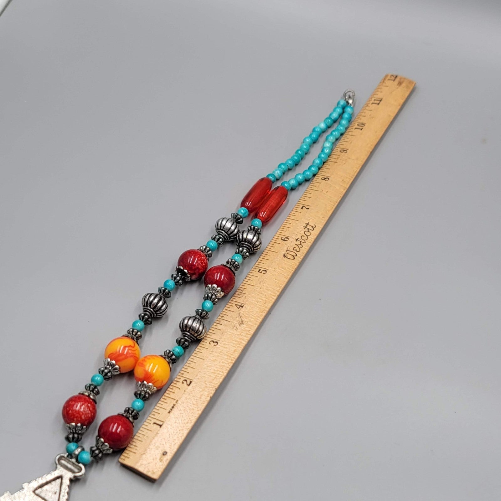Statement Bead Necklace Red Yellow Blue Silver tone Unique Unusual 22"