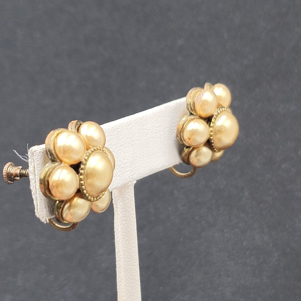 Vintage Clip on Earrings Bronze tone Gold Bead Flower Screw Back Studs 3/4"