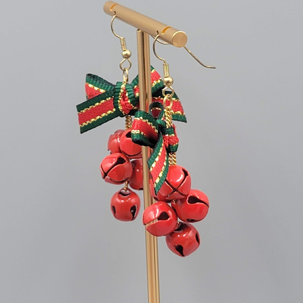Vintage Christmas Jingle Bells Pierced Earrings Ribbon Gold tone Dangle 2"