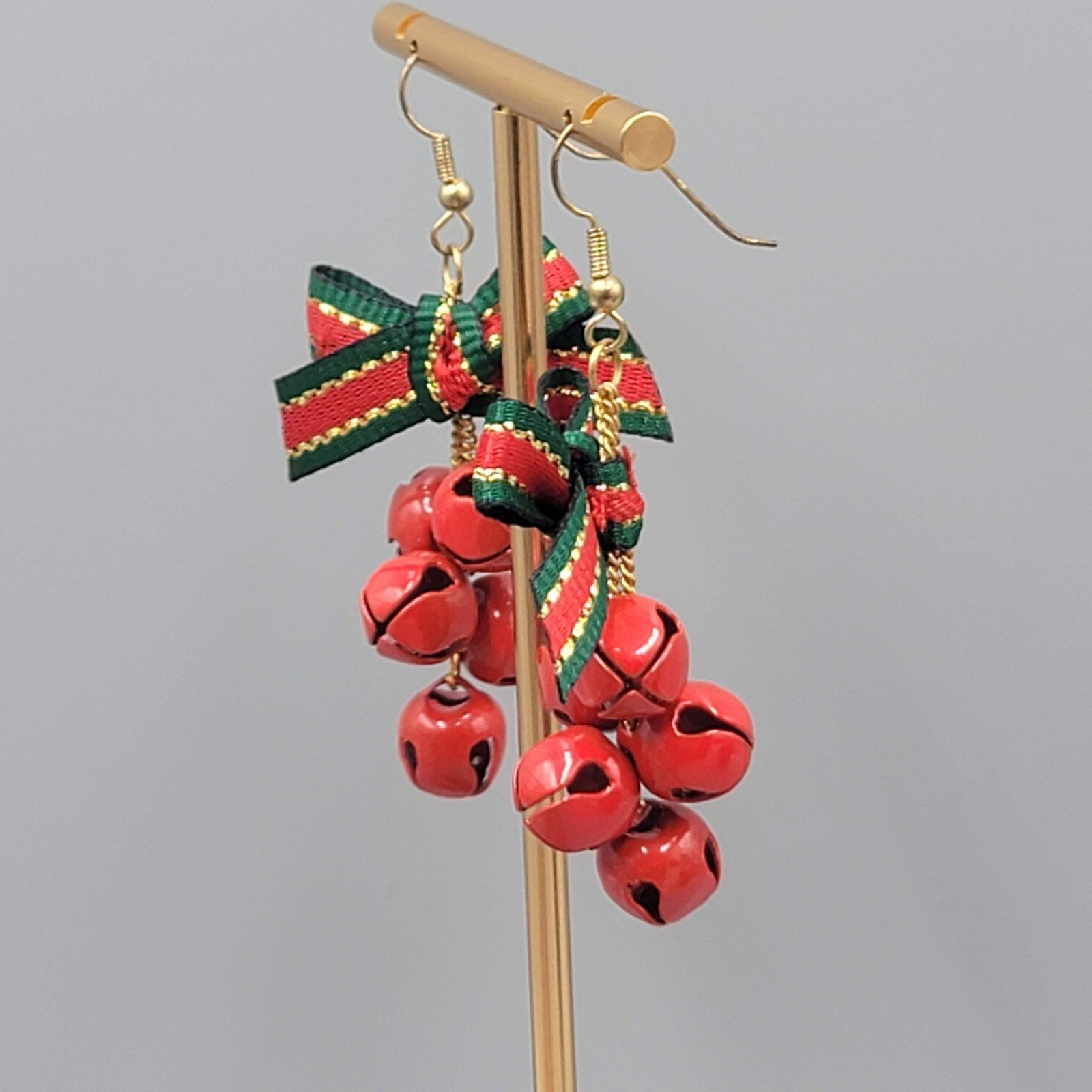 Vintage Christmas Jingle Bells Pierced Earrings Ribbon Gold tone Dangle 2"