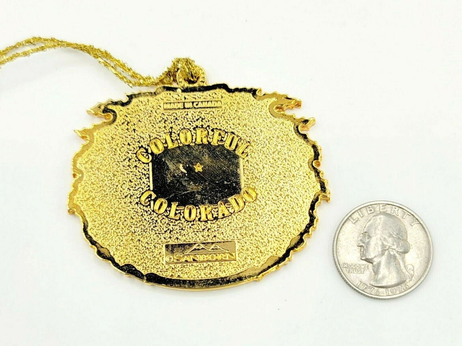 Brass Colorado Christmas Ornament Ski Sanborn Metal Souvenir 2 1/2"  x 2 1/4"
