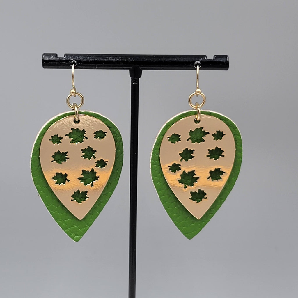 Gold tone Green Pierced Earrings Layered Metal over Faux Leather Dangle 2"