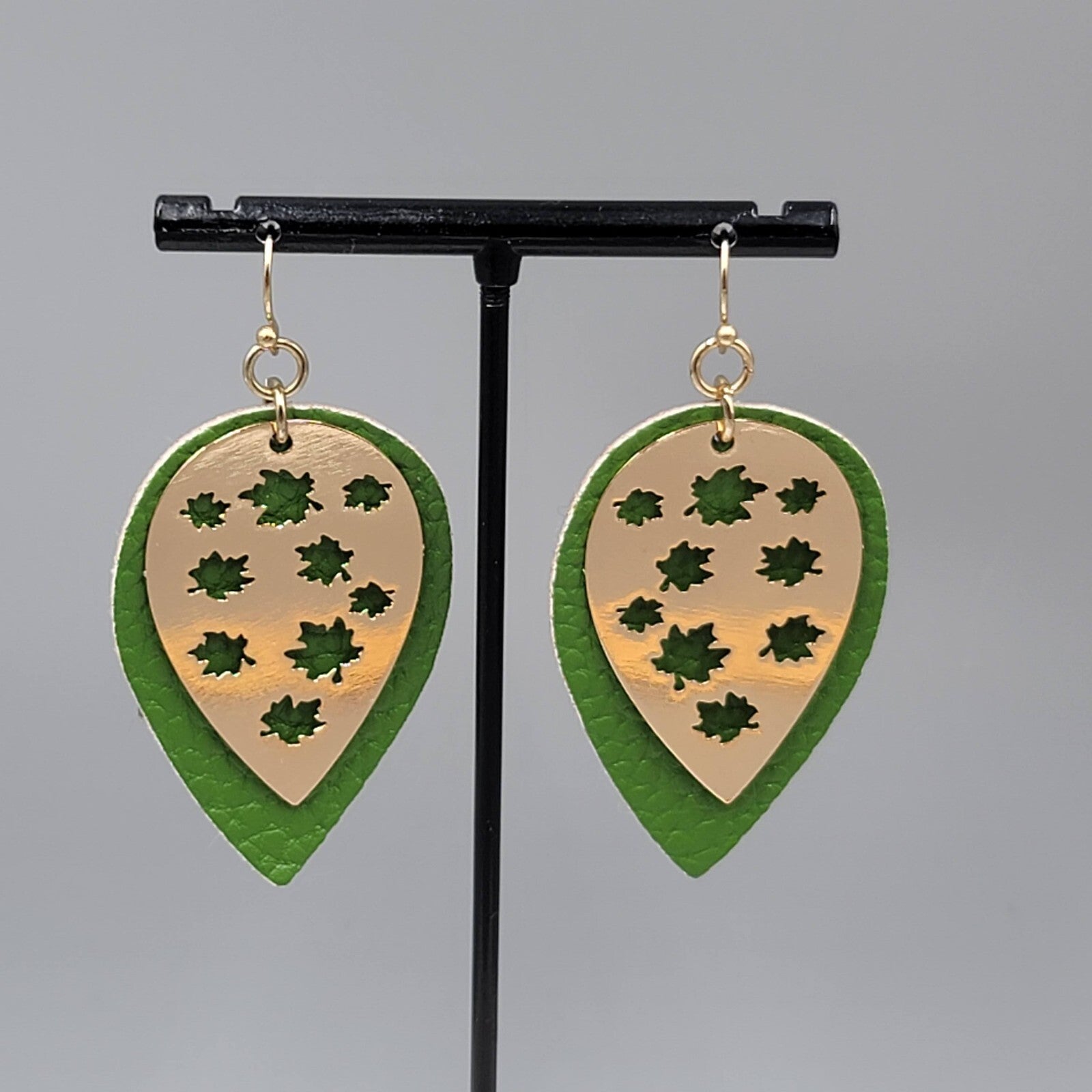 Gold tone Green Pierced Earrings Layered Metal over Faux Leather Dangle 2"