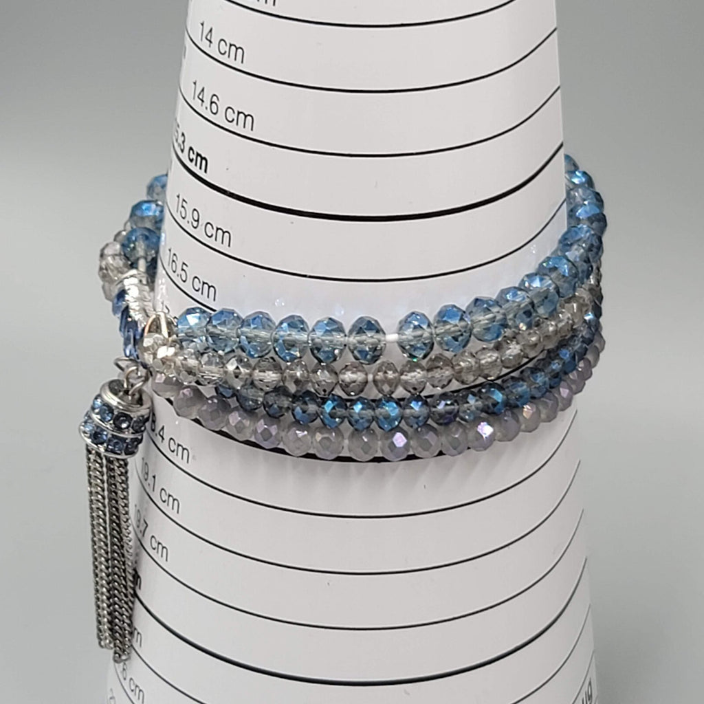 Blue Crystal Rhinestone Bracelet Layered Bead Elastic Silver tone Tassel Chains