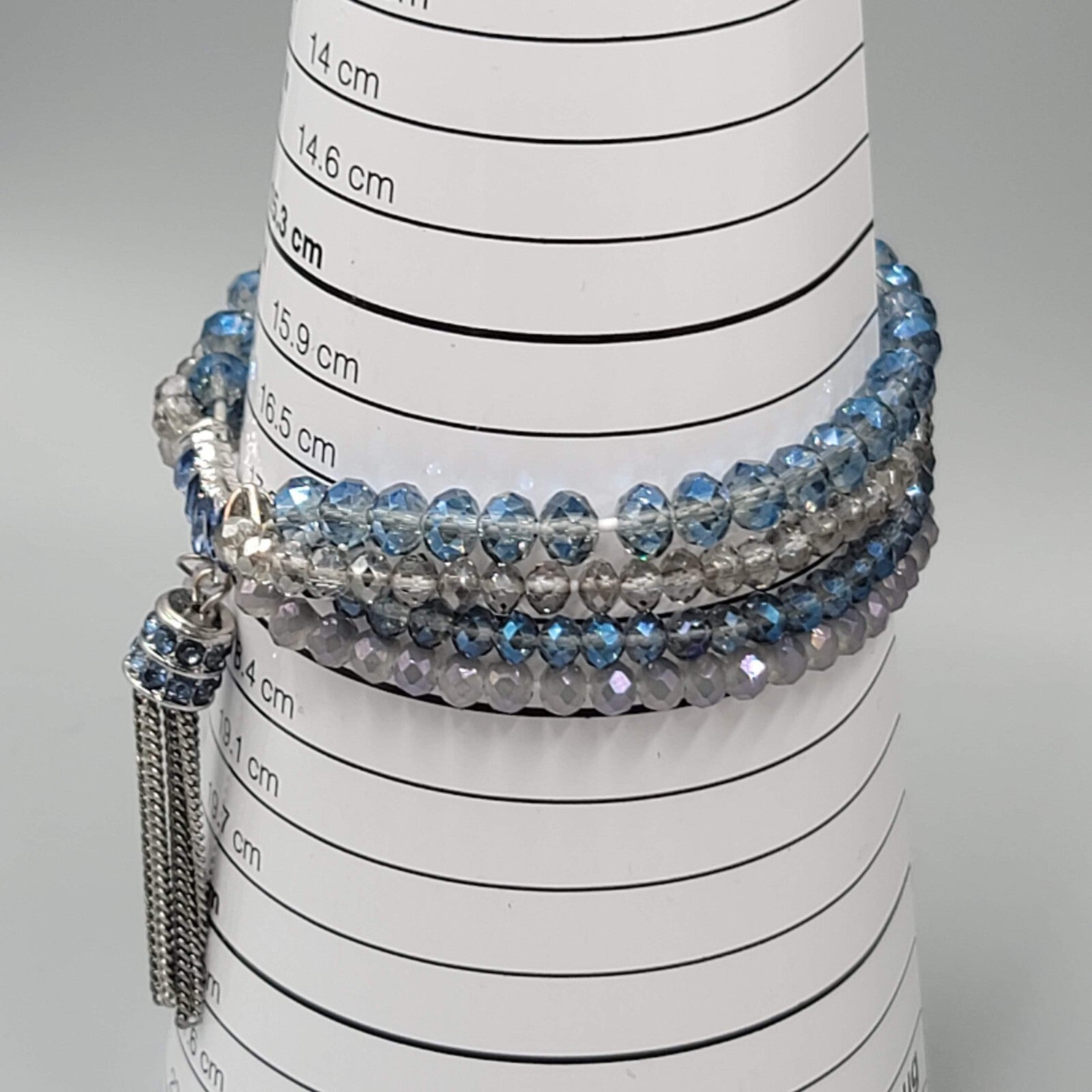 Blue Crystal Rhinestone Bracelet Layered Bead Elastic Silver tone Tassel Chains