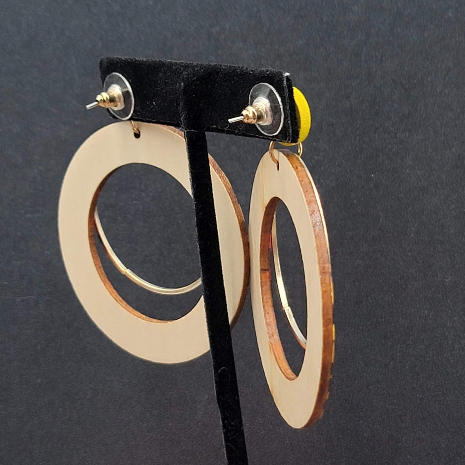 Pierced Earrings Multicolor Yellow Gold tone Wood Hoops Statement 2 3/8"