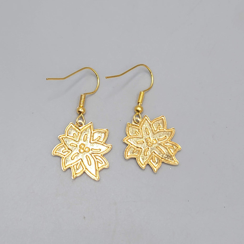 Christmas Poinsettia Flower Pierced Earrings Enamel Gold tone Dangle 1"