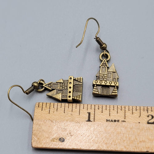 Castle House Pierced Earrings Bronze tone Embossed Dangle New 7/8"