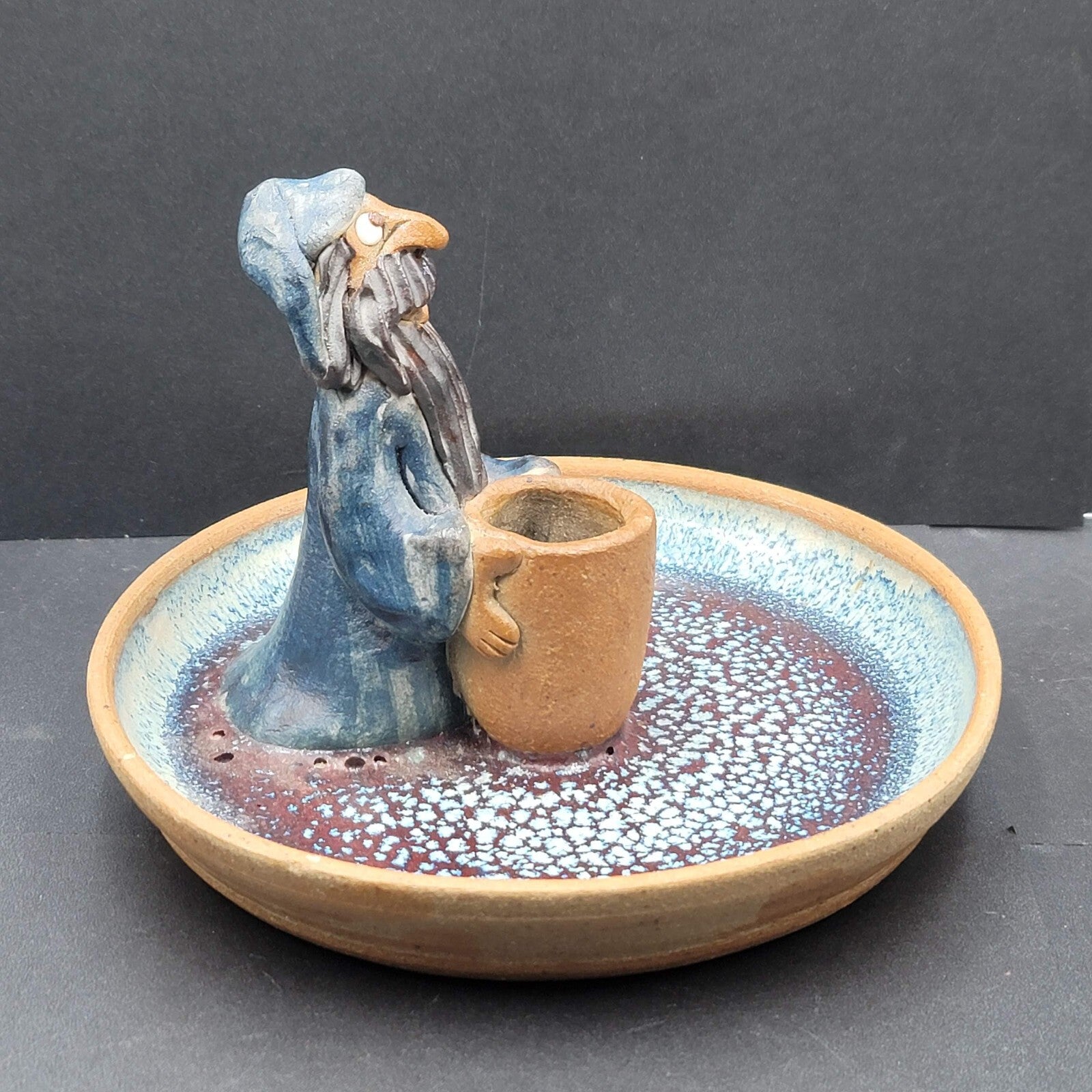 Vintage Folk Art Pottery Wizard Warlock Candle Holder Dish 7.5"