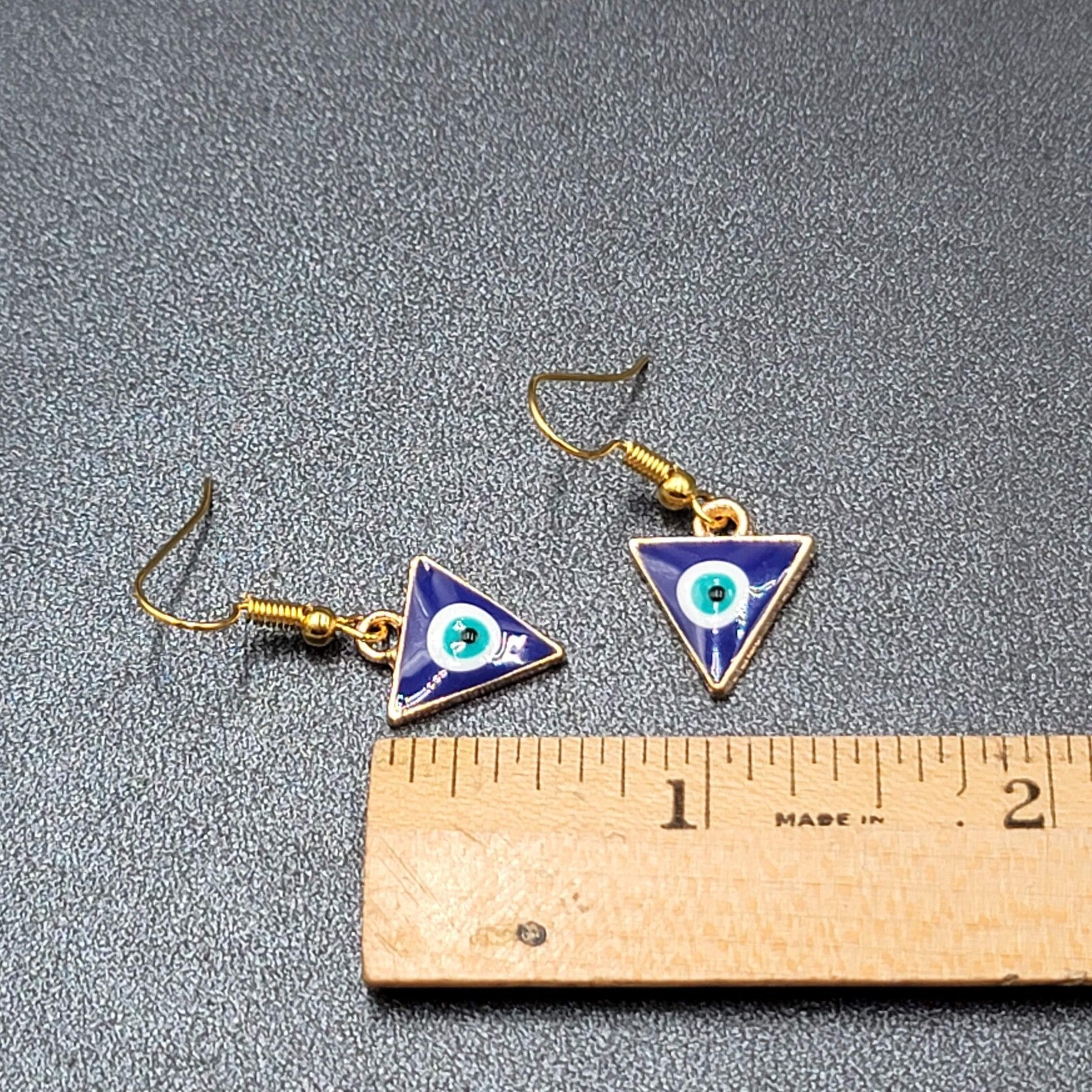Pierced Earrings Gold tone Enamel Evil Eye Triangle Dangle 5/8"