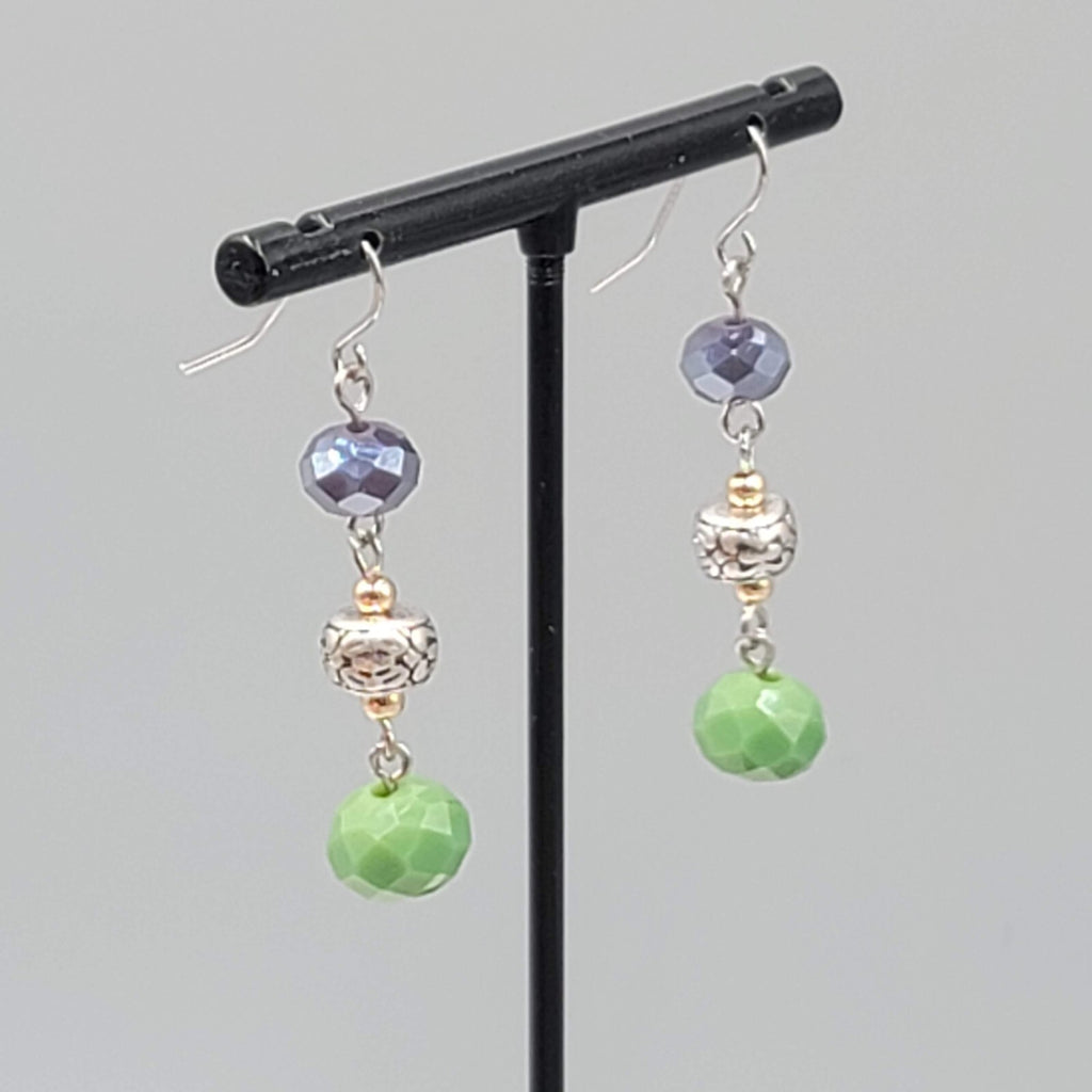 Pierced Earrings Silver tone Purple Green Glass Beads Dangle 1.5"