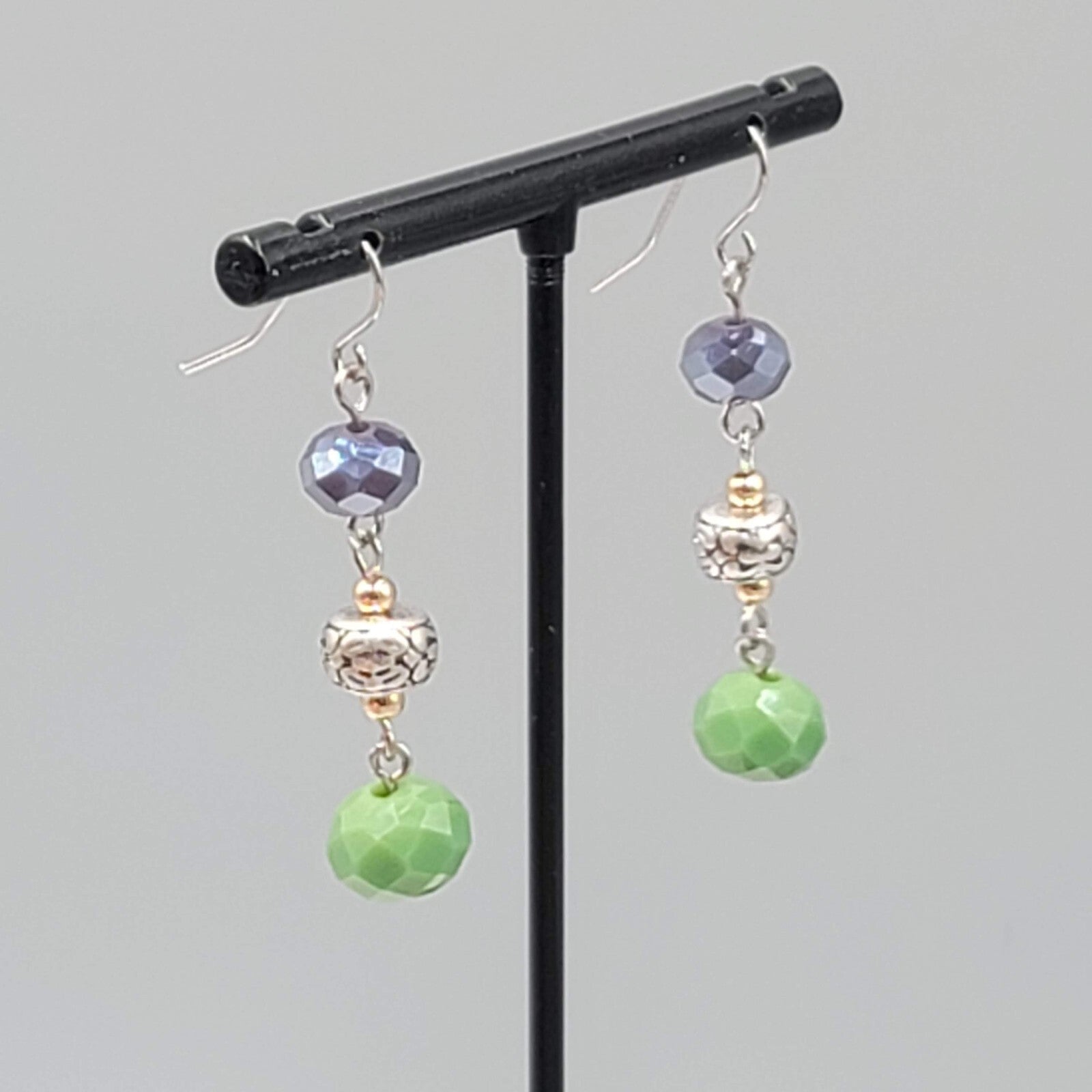 Pierced Earrings Silver tone Purple Green Glass Beads Dangle 1.5"