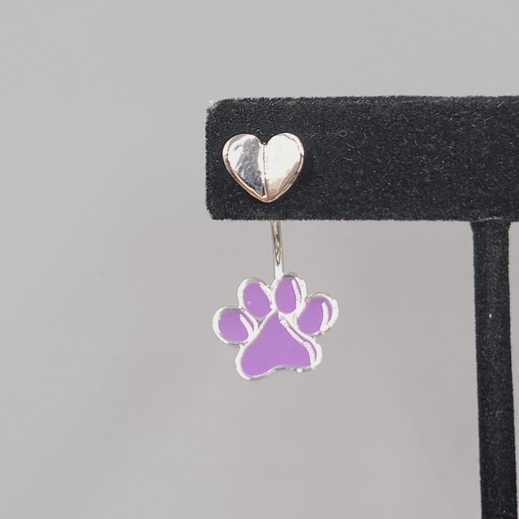 Pierced Earrings Purple Enamel Paw Drop Jacket Silver tone 1.25"