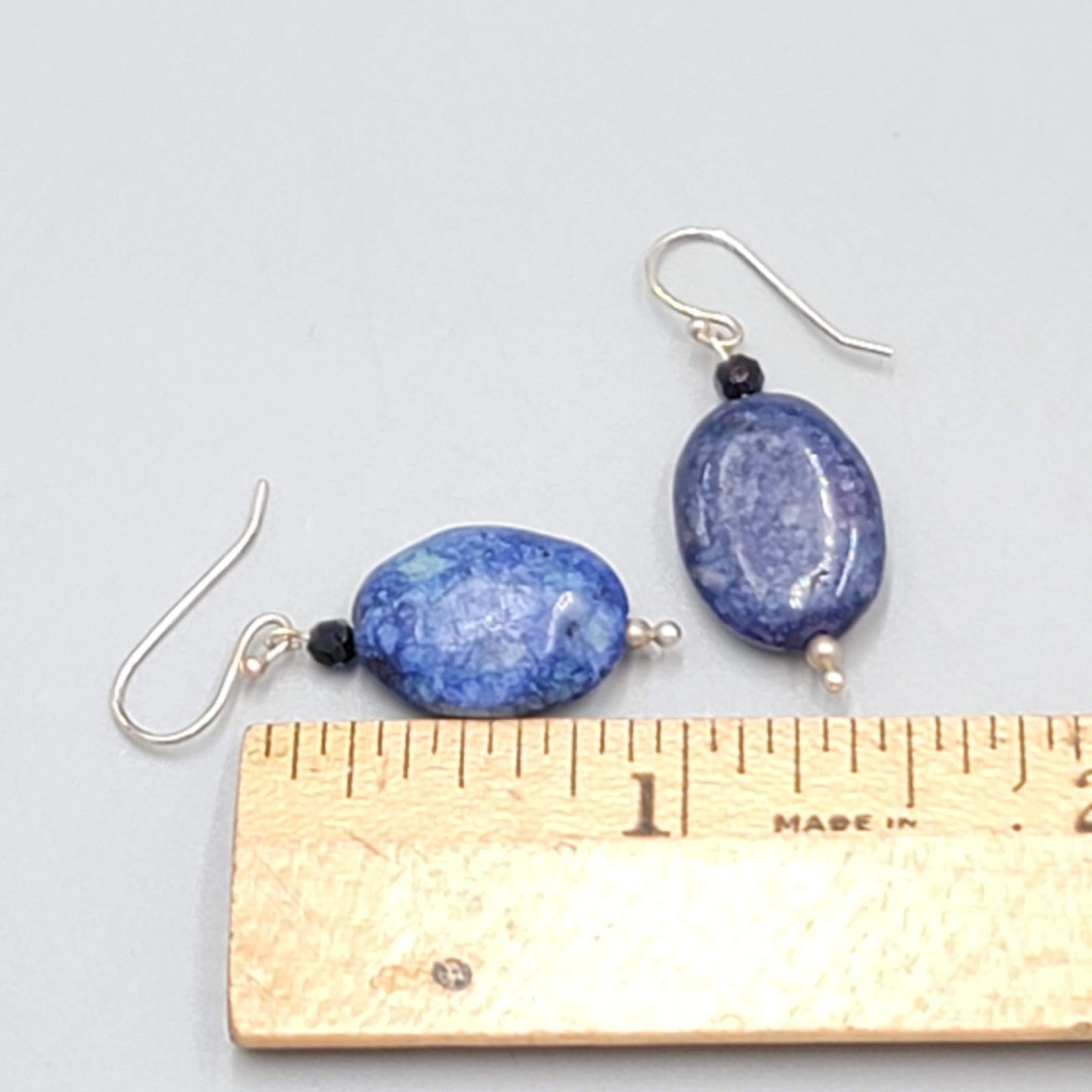 Blue Lapis Oval Stone Bead Pierced Earrings Silver tone Dangle 3/4"