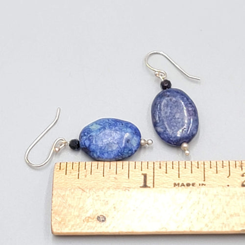 Blue Lapis Oval Stone Bead Pierced Earrings Silver tone Dangle 3/4"
