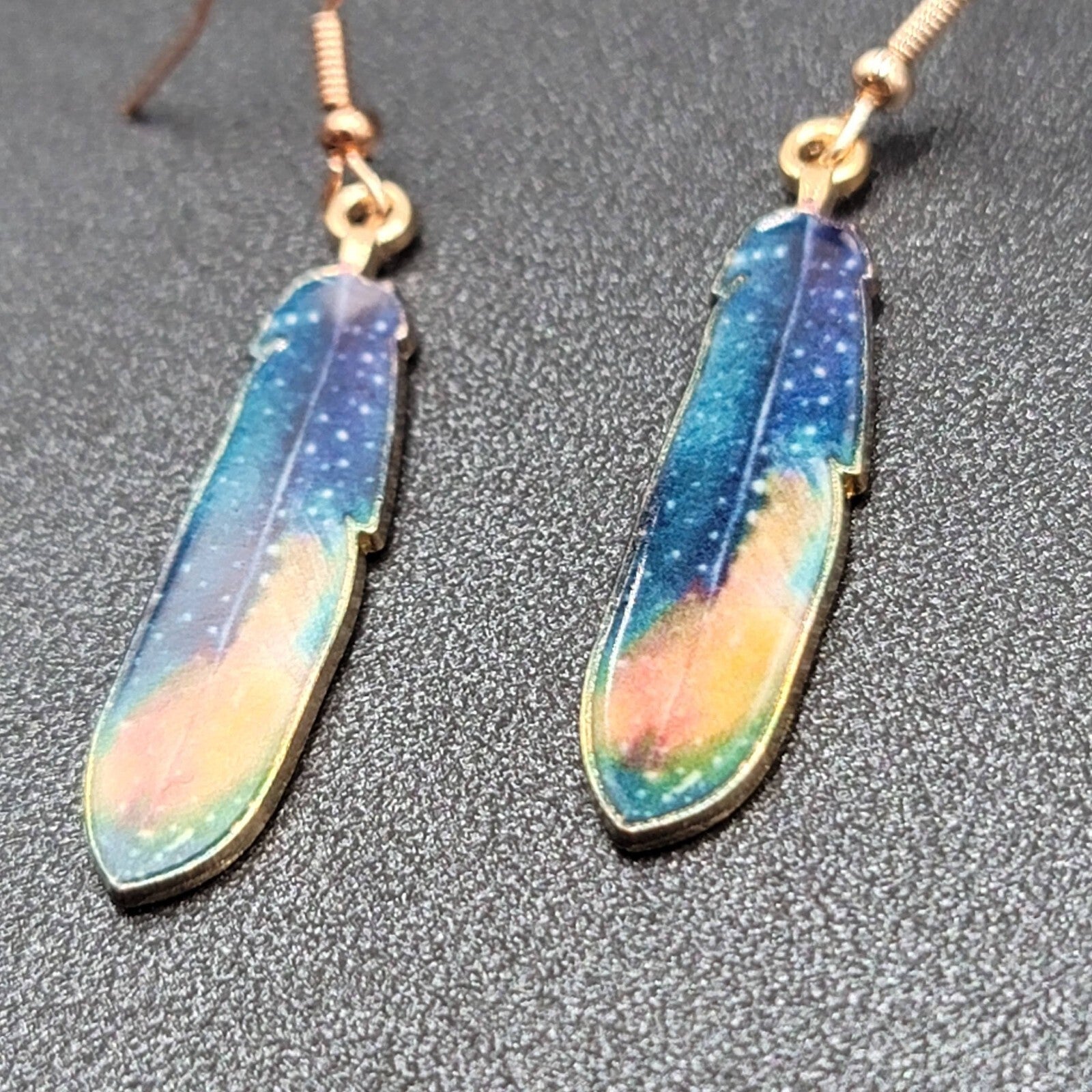 Metal Feather Pierced Earrings Cosmic Blue Galaxy Gold tone Dangle 1.5"