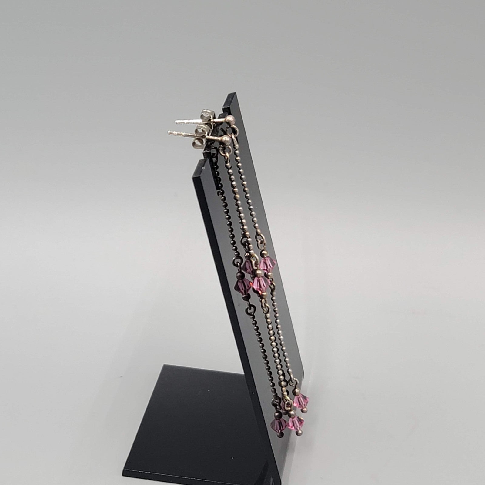 Long Pink Crystal Pierced Earrings Silver tone Dangle  3"