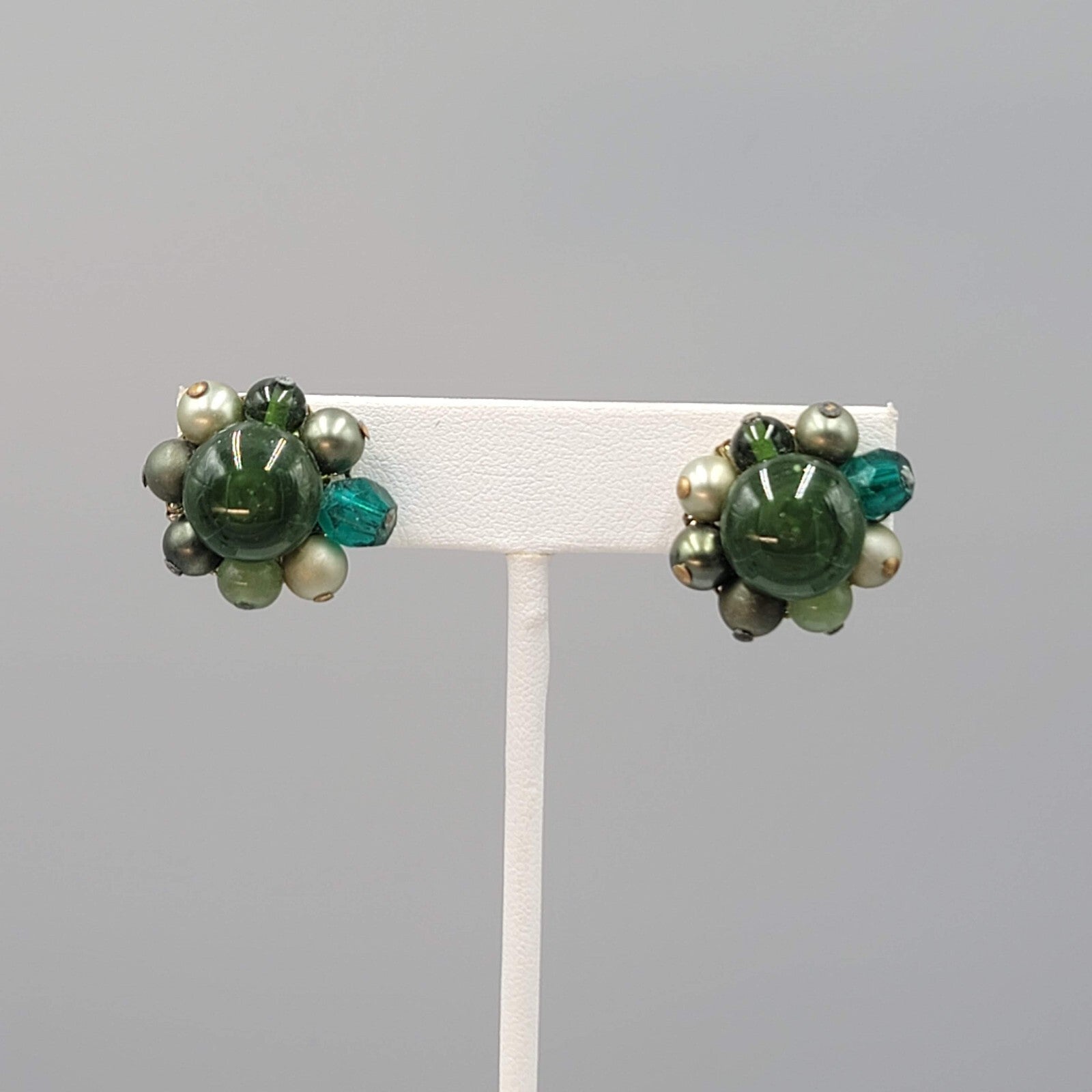 Vintage Green Glass Cluster Bead Clip on Earrings Japan 3/4"