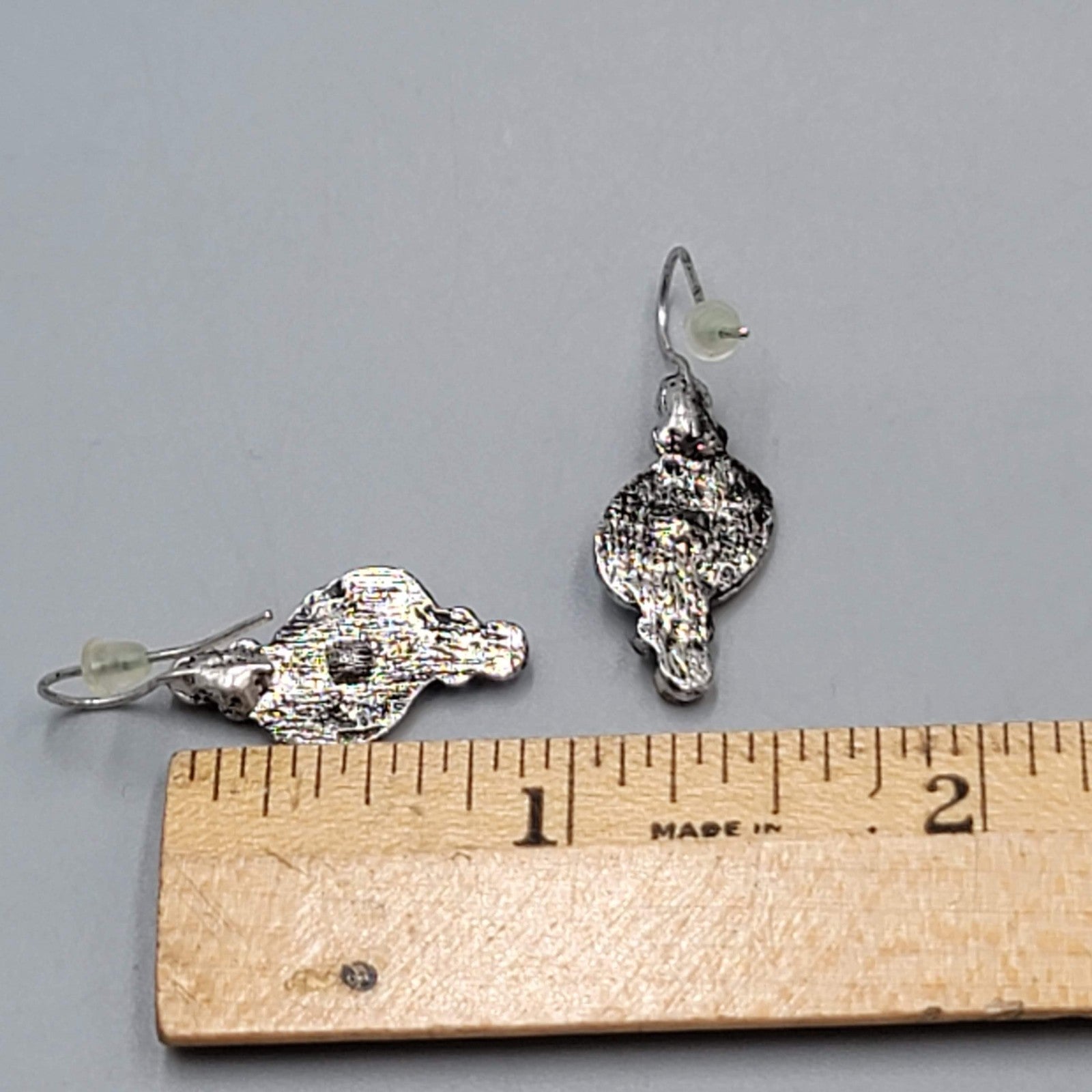 Purple Enamel Red Rhinestone Pierced Earrings Silver tone Drop 7/8"