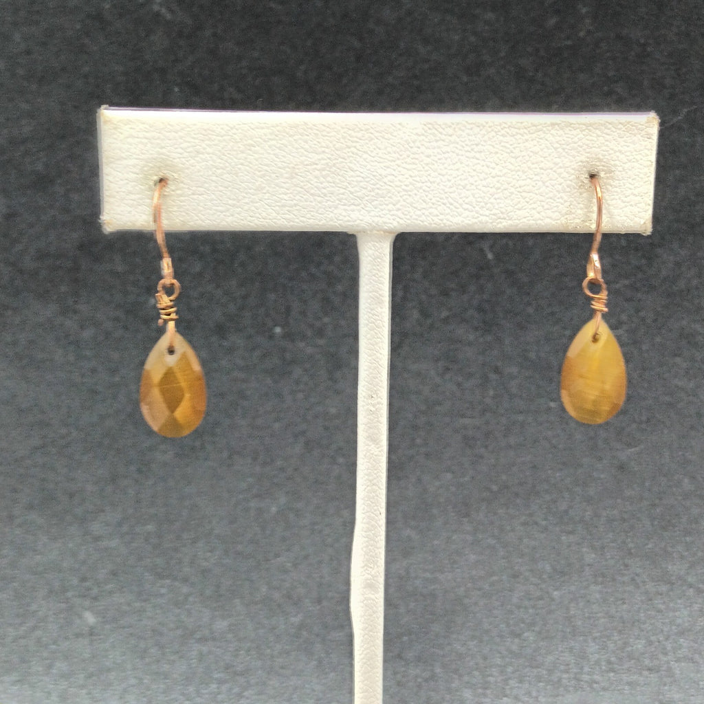Pierced Earrings Faceted Yellow Chatoyant Glass Teardrop Copper tone Dangle 1/2"