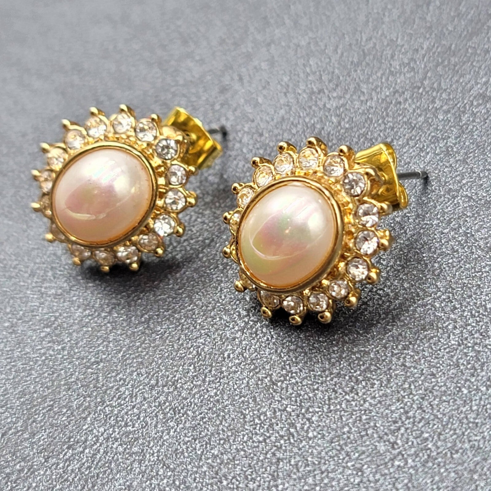 Pierced Earrings Gold Plated Crystal Oval Iridescent Cabochon Studs 5/8"