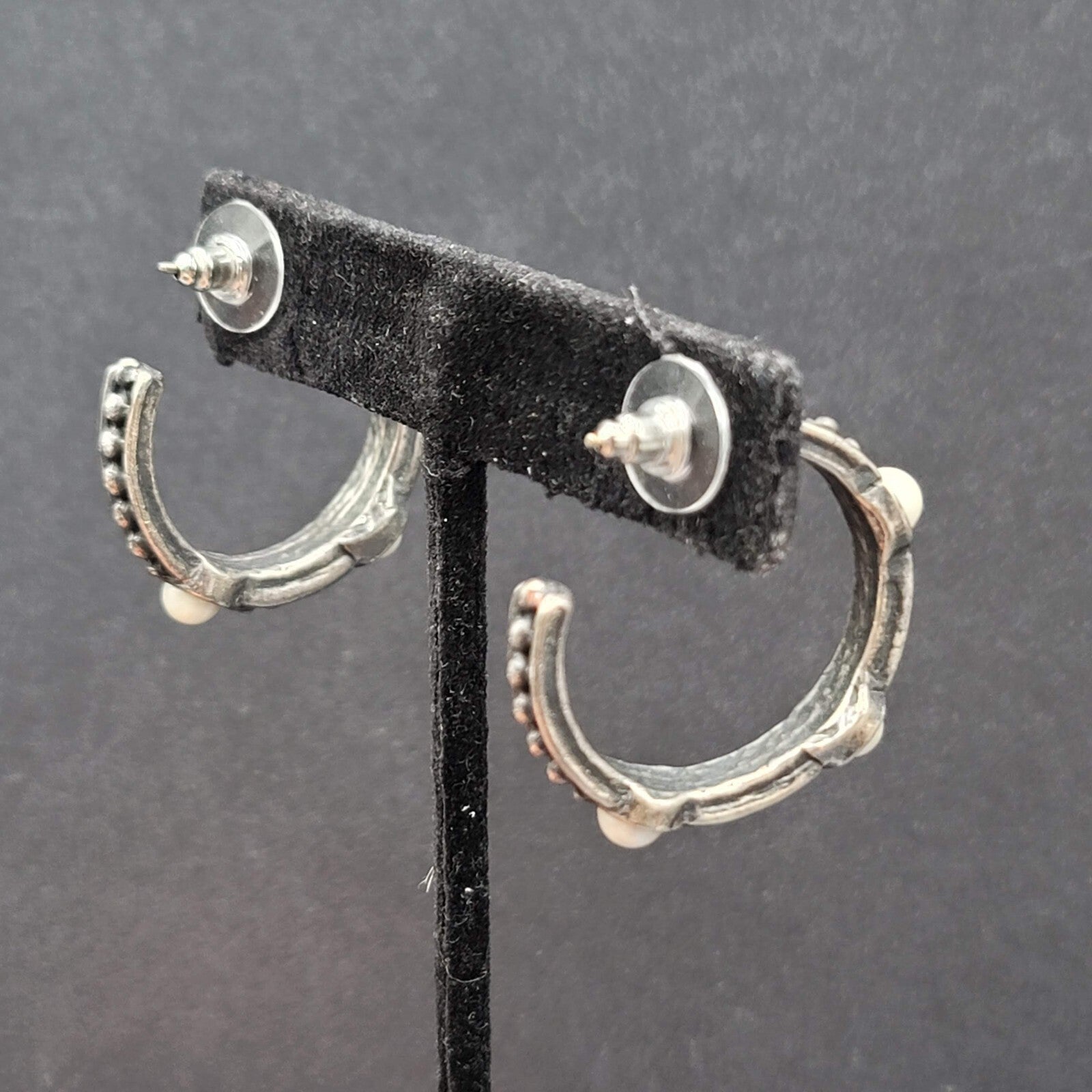 Pierced Earrings Silver tone Faux Pearl Hoops  1.25"