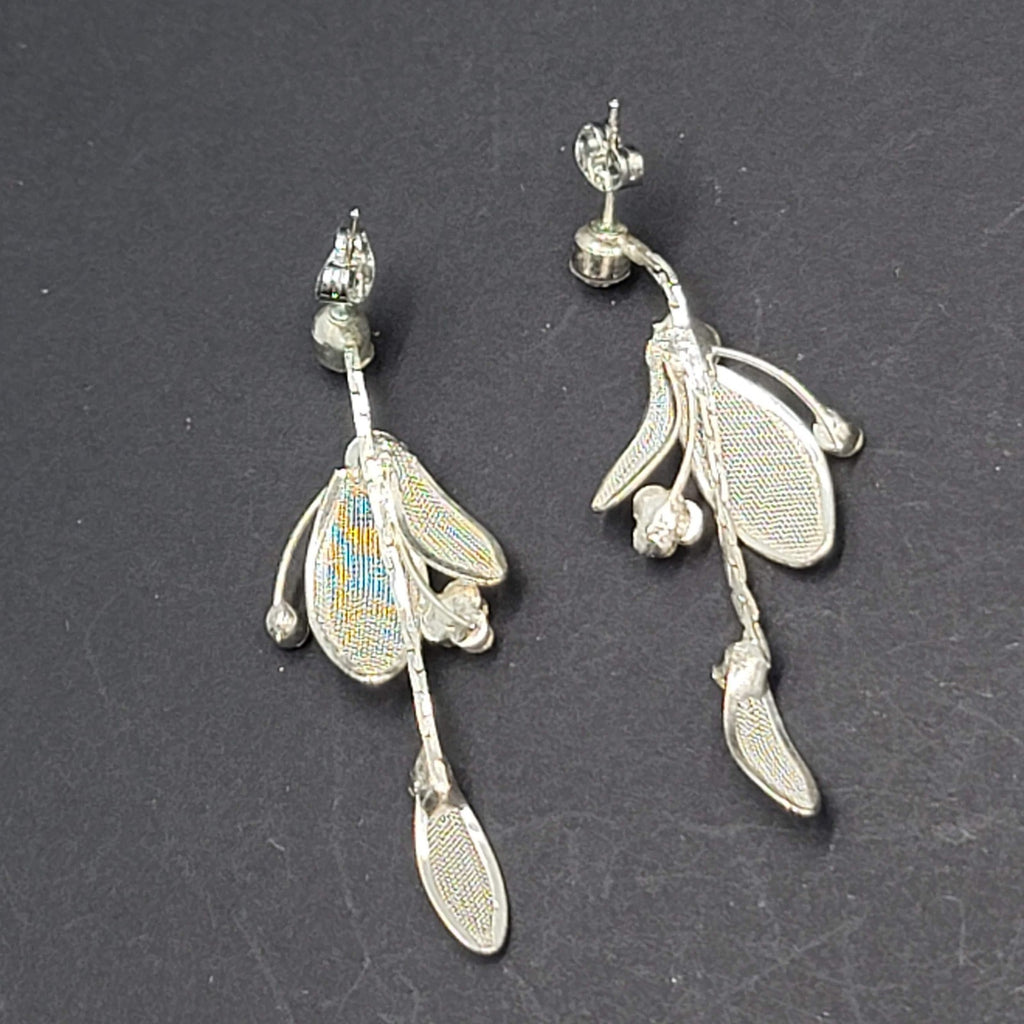Mesh Rhinestone Pierced Earrings Silver tone Dangle  2 1/8"