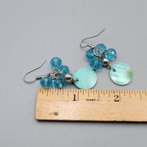 Blue Crystal Bead Dangle Pierced Earrings Silver Tone Shell Disc Drop Boho 1.25"