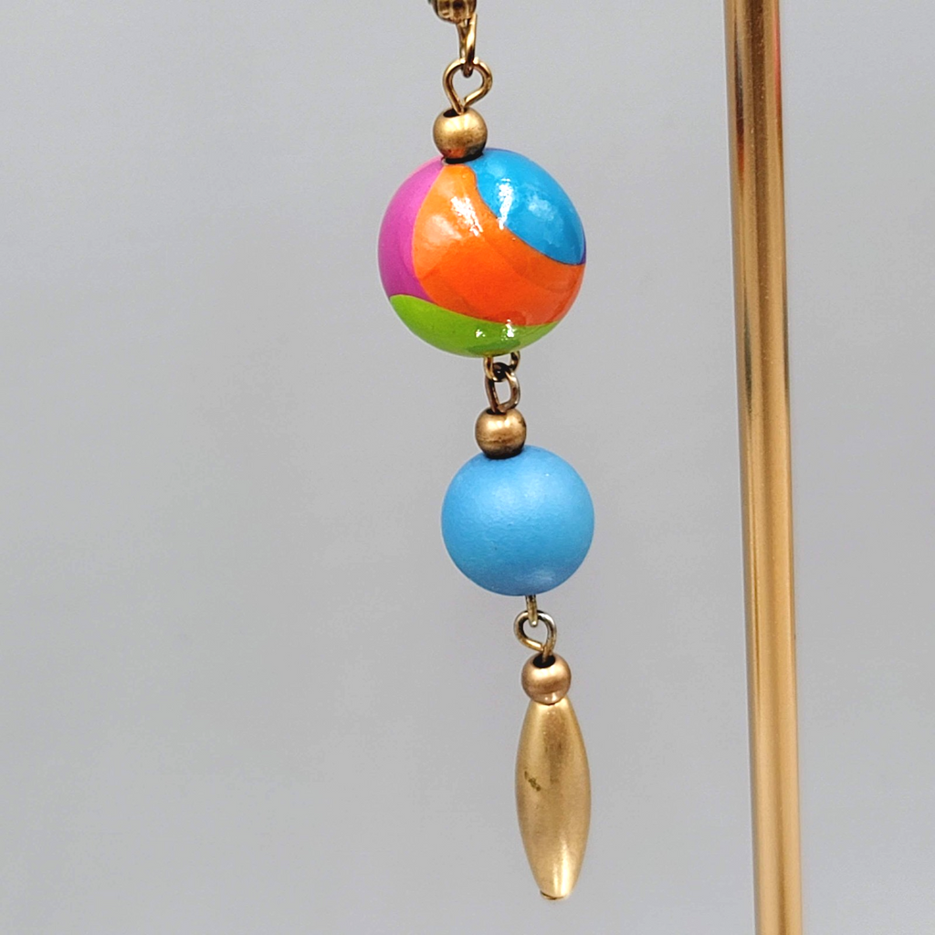 Long Pierced Earrings Hand Painted Bead Gold tone Dangle 2.75"