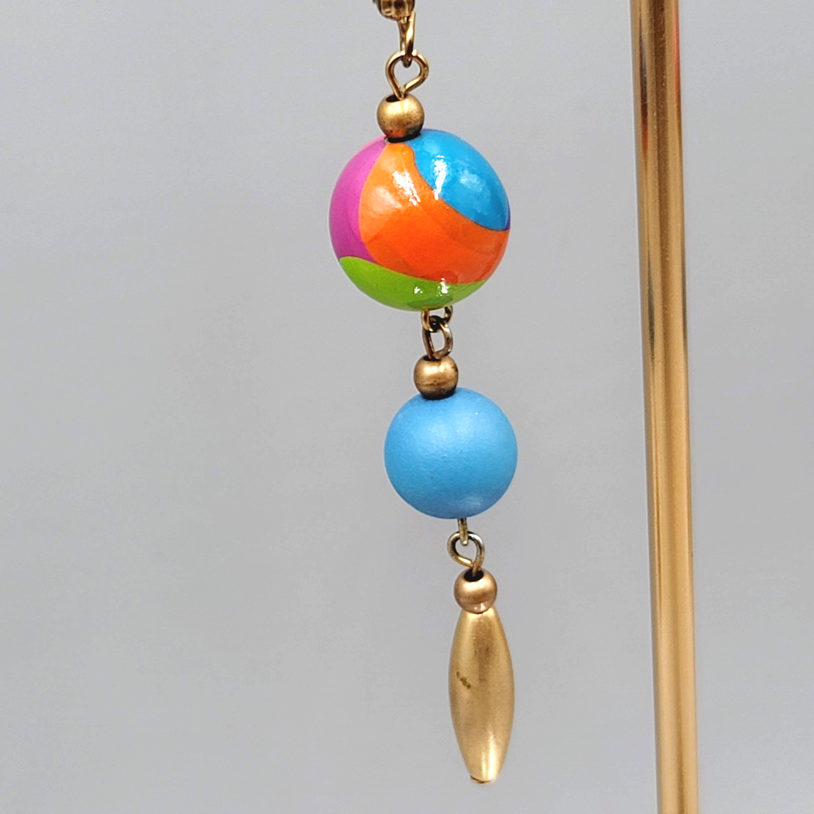 Long Pierced Earrings Hand Painted Bead Gold tone Dangle 2.75"