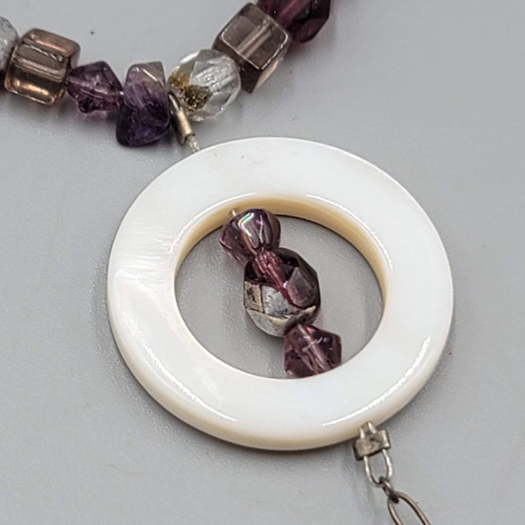 Sterling Silver Necklace Bead Amethyst Y Drop Unique Chain Mother of Pearl 18"