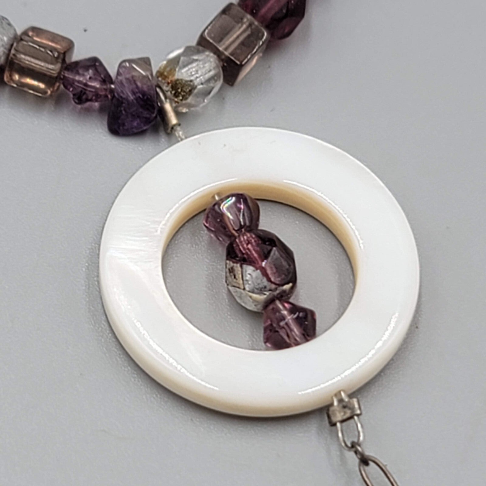 Sterling Silver Necklace Bead Amethyst Y Drop Unique Chain Mother of Pearl 18"