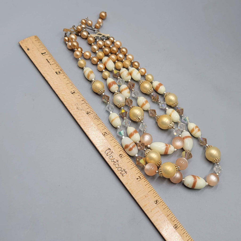Vintage Triple Strand Necklace Beige Glass Moonstone Gold tone 