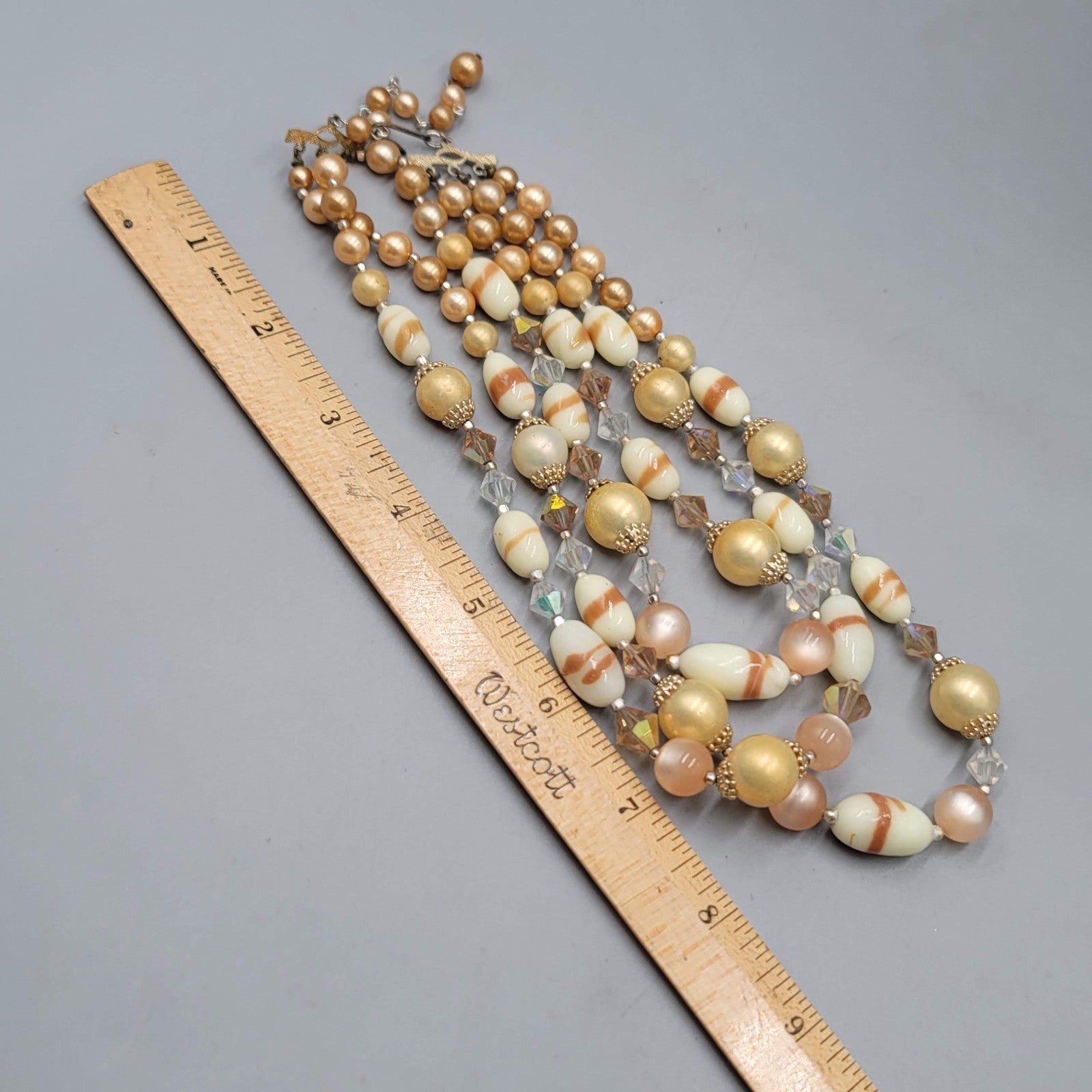 Vintage Triple Strand Necklace Beige Glass Moonstone Gold tone 
