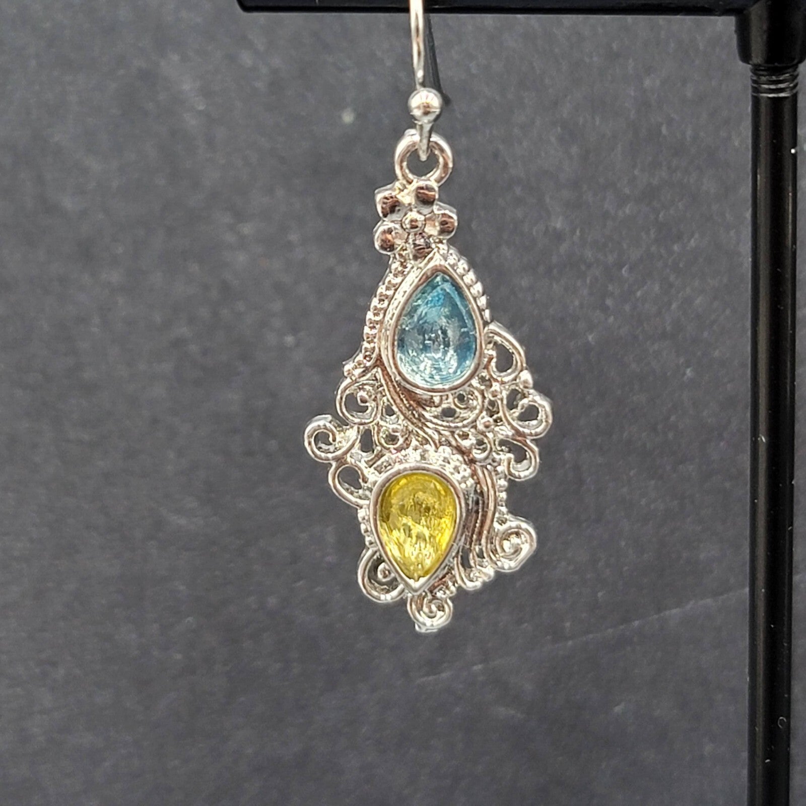 Pierced Earrings Silver tone Blue Yellow Teardrop Crystals  1 1/8"